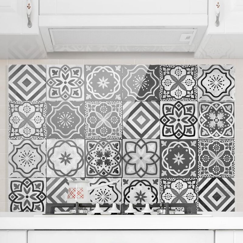 

Panel antisalpicaduras de cristal - Mediterranean Tile Pattern Grayscale - Horizontal 2:3 Dimensión LxA: 59cm x 90cm