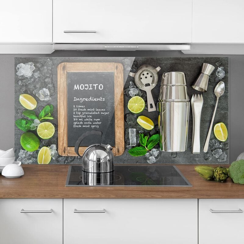 

Panel antisalpicaduras de cristal - Mojito recipe - Horizontal 1:2 Dimensión LxA: 59cm x 120cm