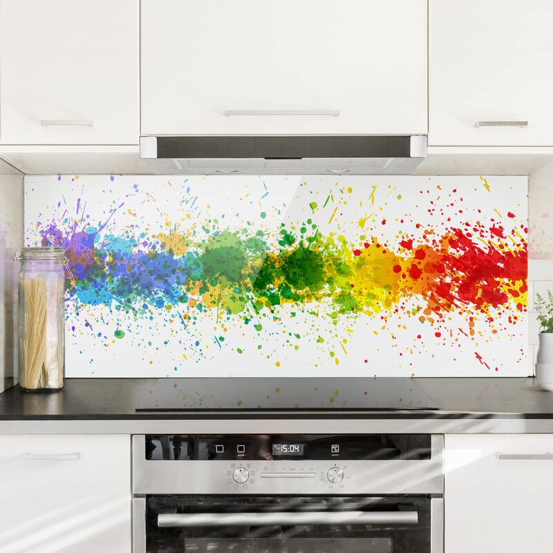 

Panel antisalpicaduras de cristal - Rainbow Splatter - Panorámico Dimensión LxA: 40cm x 100cm