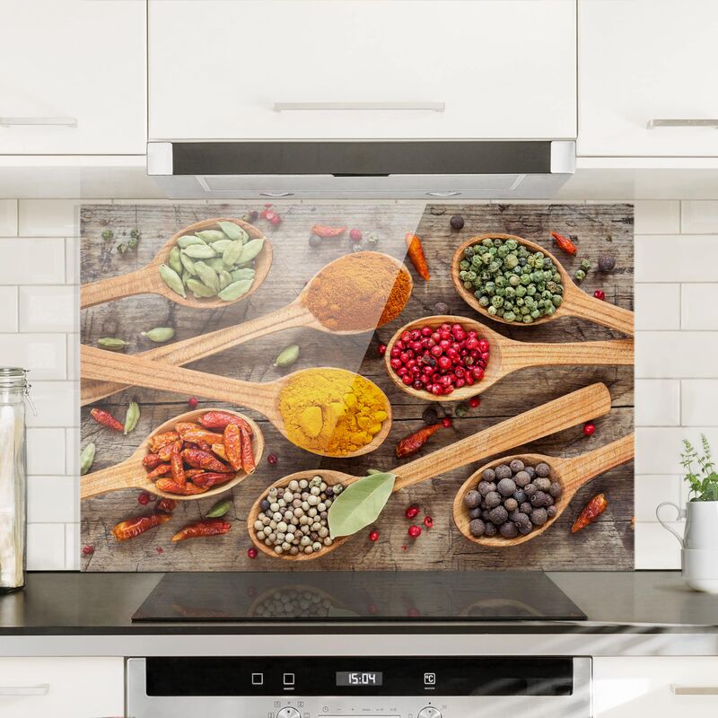 

Panel antisalpicaduras de cristal - Spices On Wooden Spoon - Horizontal 2:3 Dimensión LxA: 40cm x 60cm