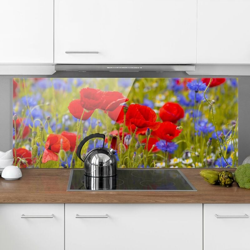 

Panel antisalpicaduras de cristal - Summer Meadow With Poppies And Cornflowers - Panorámico Dimensión LxA: 50cm x 125cm