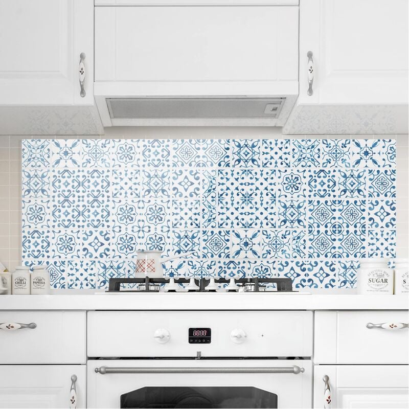 

Panel antisalpicaduras de cristal - Tile pattern Blue White - Panorámico Dimensión LxA: 50cm x 125cm