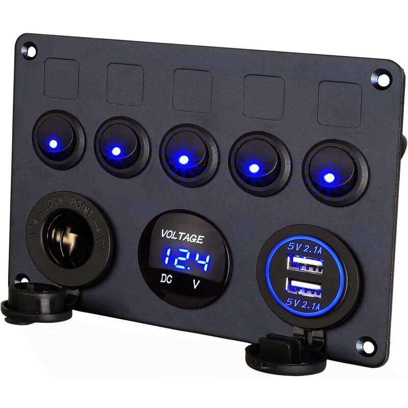 

Panel de control de 12V / 24V, 5 grupos de paneles de interruptores basculantes, con cargador USB dual de 5V 4.2A, voltímetro LED impermeable, toma
