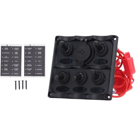Panel de control marino, panel de interruptores basculantes de 5 vías con 2 puertos USB y fusible de 15 A para embarcaciones DC12V-24V