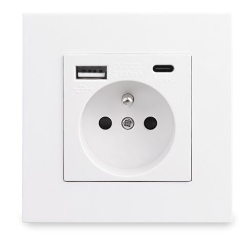 Panel de enchufe francés tipo c+USB16A tipo 86, número de enchufes: 2 orificios, número de puertos USB: 1, número de puertos tipo C: 1, seguro y firme (blanco)
