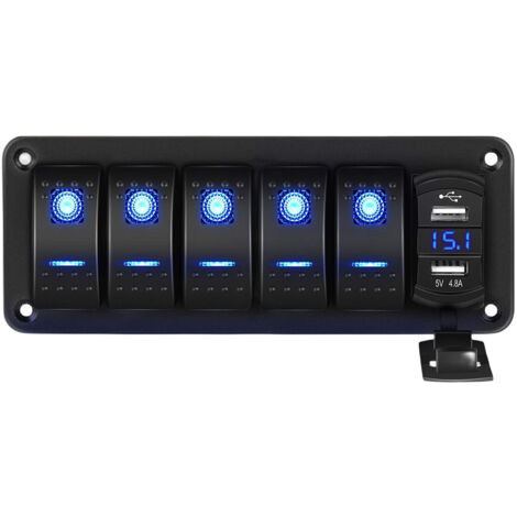 Panel de interruptores basculantes con voltímetro digital LED azul y cargador USB doble para vehículos, barcos, casas rodantes, camiones (negro, 5 unidades)