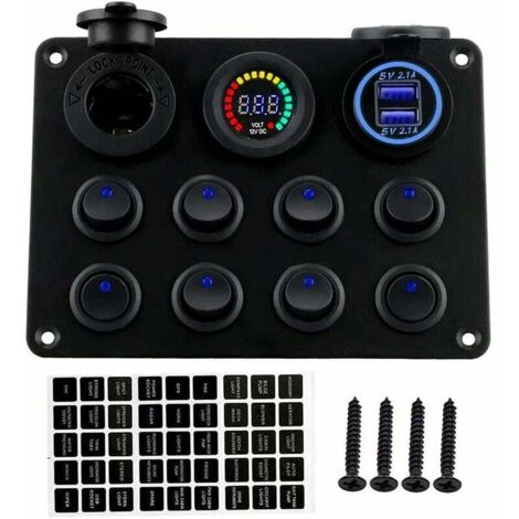 Panel de interruptores basculantes de 12-24 V con cargador USB doble y voltímetro LED para coche y barco.