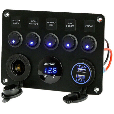 Panel de interruptores basculantes de 5 vías con doble toma USB de 5 V y 4,2 A, encendedor y voltímetro para barco, coche, caravana, camión, 12-24 V, impermeable, LED azul (5B azul)