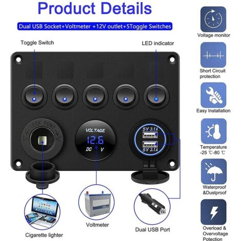 Panel de interruptores basculantes Panel de interruptores basculantes Panel eléctrico Barco Coche Impermeable Doble USB DC 12V/24V LED Camión Remolque Vehículos marinos SUV Camper, BR-Life
