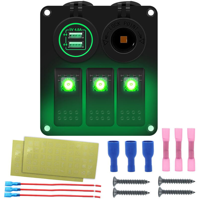 

Panel de interruptores basculantes para barcos marinos a prueba de agua de 3 bandas con retroiluminacion LED azul / rojo / verde Cargador USB dual de