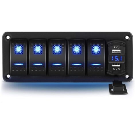 Panel de Interruptores de 5 Posiciones en Aluminio con Voltímetro y Doble Puerto USB (4.2A), Carga Rápida, Retroiluminación LED, Pre-cableado, Impermeable IP65, para Barcos, Coches y Camiones (Azul)