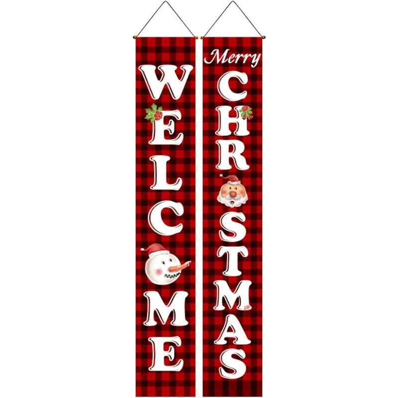 

Panel de porche navideño de 71 x 12 pulgadas, coplas navideñas con eslogan navideño y diseños de muñeco de nieve con copos de nieve para el hogar,