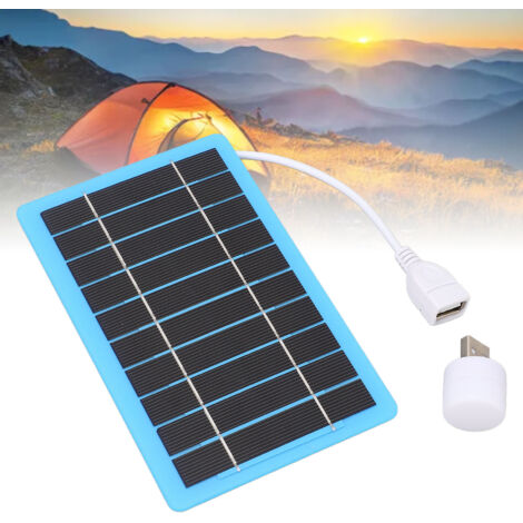 Panel solar USB portátil de 5W y 5V con luz blanca para acampar, hacer senderismo y pescar – Compacto y ligero (ABS, 54g)