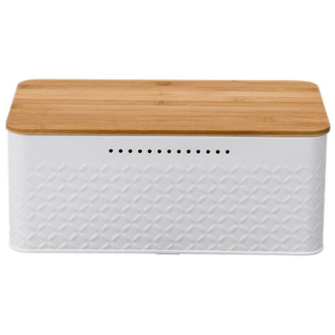 Panera con tapa de bambú [función 2 en 1] - Se puede usar como tabla de cortar, está hecha de acero al carbono para una mayor frescura, incluye una bolsa (blanca, 33,2 x 19 x 13 cm).