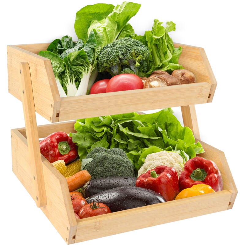 Panier 2 Étages en Bambou Naturel avec Grille Ventilée - Rangement Fruits & Légumes Écologique (30x34x25cm), Design Multifonction pour Cuisine/Salon,