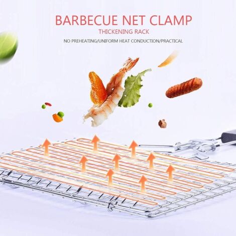 Panier à barbecue portable en acier inoxydable, pliable et muni d'une poignée amovible. Idéal pour les steaks, les crevettes, le poisson rôti et les légumes. Dimensions : 32 × 21,5 cm.