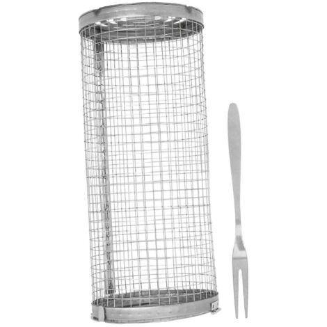 Panier à barbecue roulant à grille ouverte en acier inoxydable, cylindrique, pour poisson, légumes et frites.