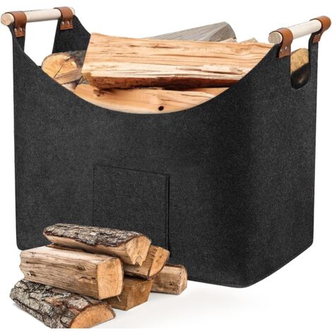 Panier à Bois de Chauffage, Sac en Feutre pour Bois de Cheminée, Grande Panier à Bûches Pliable avec Poignée Renforcée pour Boi, Journaux, Jouets, Gris Foncé (45x32x40 cm)