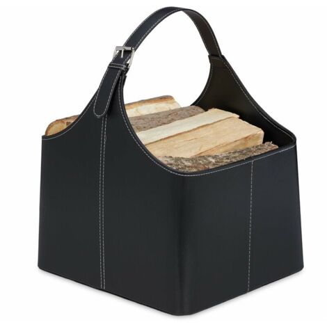 Panier à bois, range-buches similicuir, porte-revues,accessoire cheminée, noir