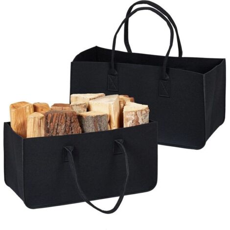 Panier à bûches en feutre noir – Lot de 2 sacs de rangement pour bois de chauffage, 28 L, avec poignées ergonomiques