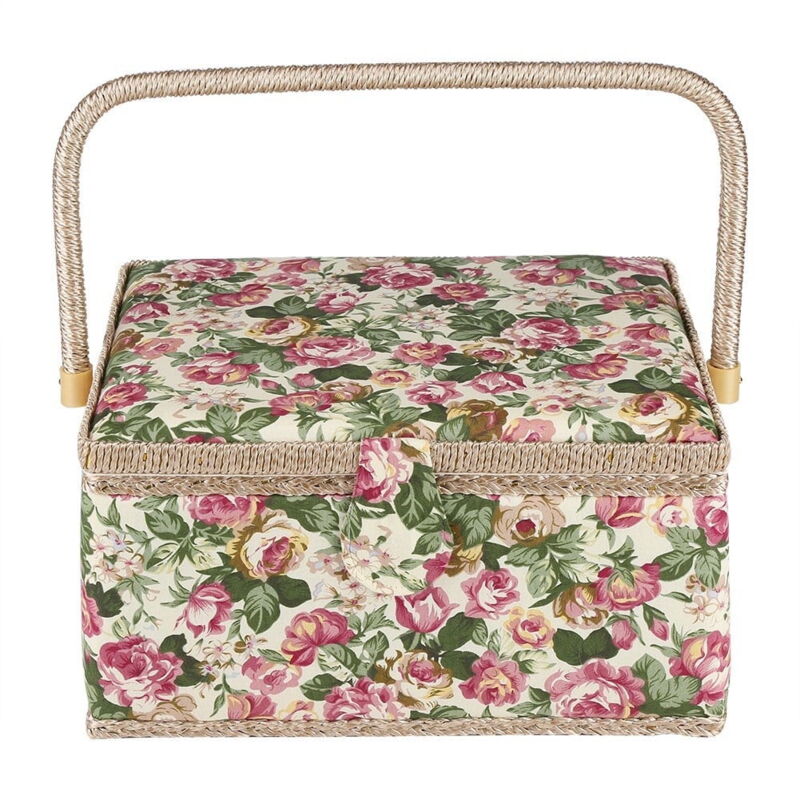 Panier à couture, panier à couture en tissu imprimé floral, boîte de rangement pour articles ménagers, organisateur avec poignée, plateau amovible,