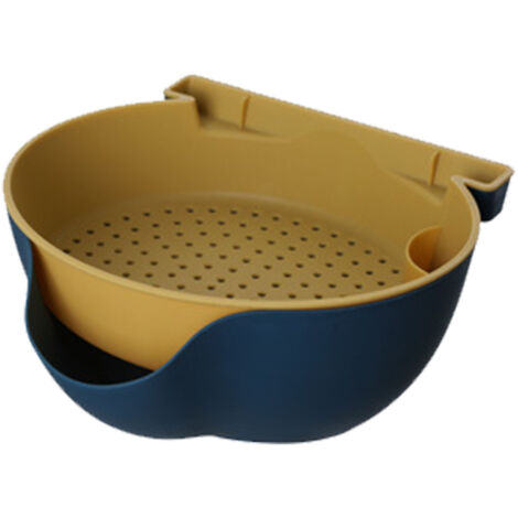 Panier à Fruits 2 Étages avec Support Téléphone - Passoire Plastique Bleu Foncé et Jaune pour Cuisine