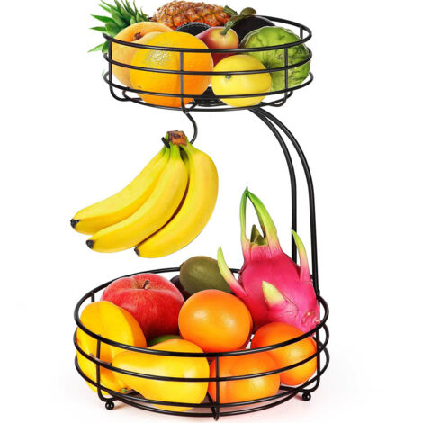 Panier à fruits double niveau en métal avec porte-bananes, corbeille à fruits, coloris noir