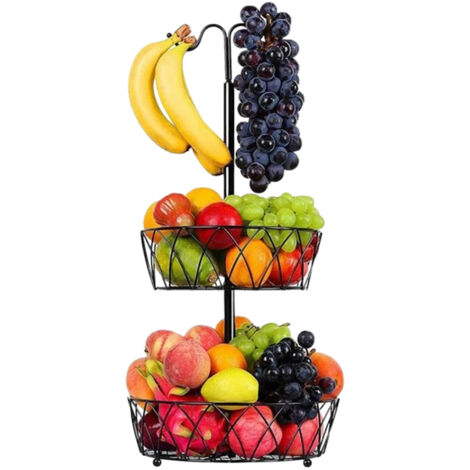 Panier à fruits en fil de fer, style moderne à double couche, idéal pour le rangement sur le plan de travail de la cuisine (noir).