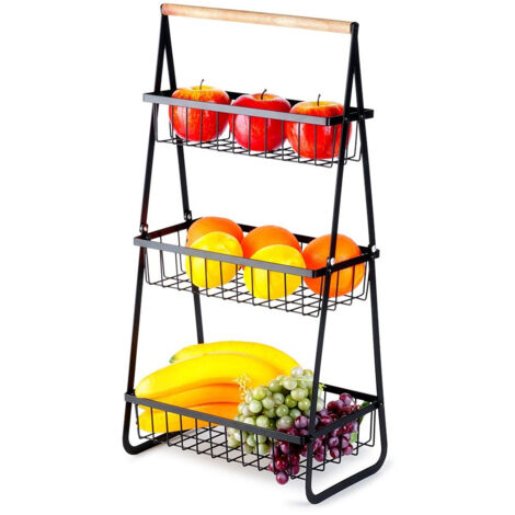 Panier à fruits et légumes à trois niveaux, support à plateau en métal noir