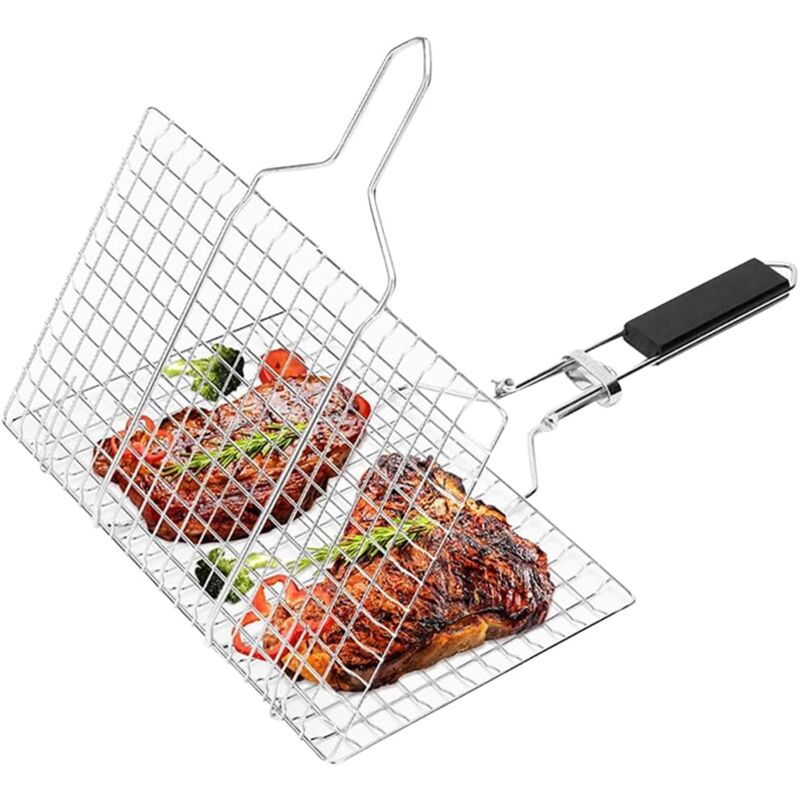 Panier à grillades - Grill portable et pliable en acier inoxydable avec poignée amovible pour griller du poisson, des légumes et des boîtes à