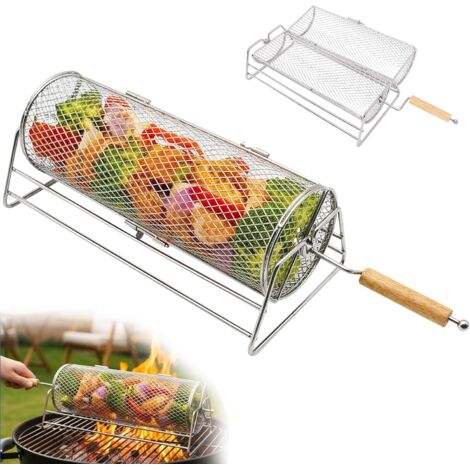 Panier à Griller Roulant, Acier Inoxydable 304, Poignée en Bois Amovible, Barbecue Rond, Accessoires pour Légumes, Fruits de Mer, Camping, Cadeau Papa, Hommes -