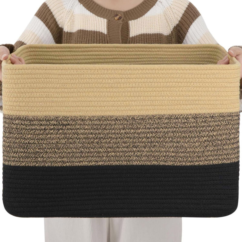 Panier à linge 100 L, paniers rectangulaires tissés pour le rangement, panier à linge pour couvertures, jouets, vêtements sales,Marron foncé