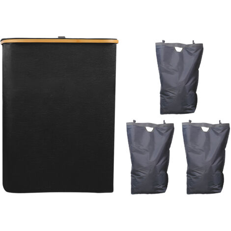 Panier à linge 160L avec couvercle, grand panier pliable à 3 séparateurs pour vêtements sales, organisateur avec poignées et sacs intérieurs amovibles, Noir