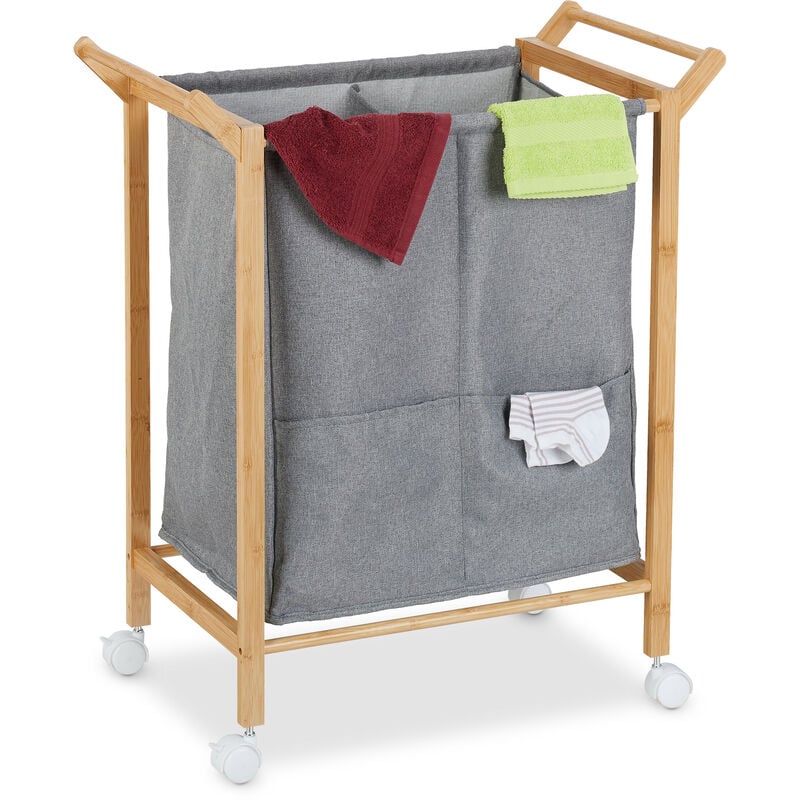 Panier à linge, 2 compartiments, 80 l, support avec roulettes, bambou et tissu, hlp 76x65x35 cm, nature & gris - Relaxdays