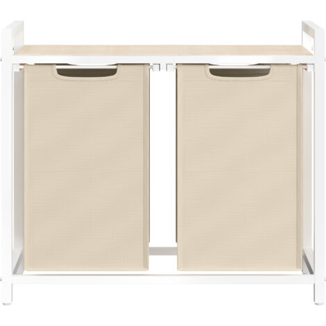 Panier à Linge 2 Compartiments, avec Étagère de Rangement, Sac Amovible, Cadre en Métal, 2 x 46 L, Beige