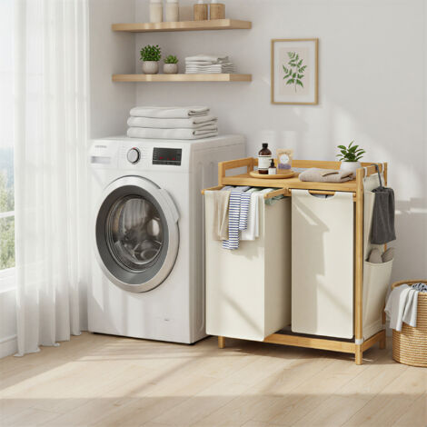 Panier à linge 2 compartiments, bambou, collecteur de linge 150 L, avec étagère, blanc