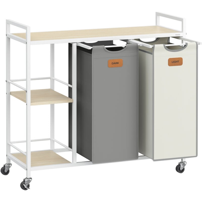 Panier à linge, 2 Compartiments, Corbeille à Linge 100 l, Bac, Roulettes, Chariot avec Étagères, Sac, Poches Amovibles, 6 Étiquettes, Beige Naturel,