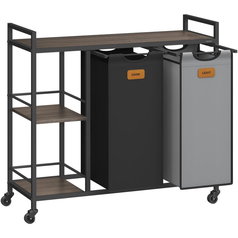 Panier à linge, 2 Compartiments, Corbeille à Linge 100 l, Bac, Roulettes, Chariot avec Étagères, Sac, Poches Amovibles, 6 Étiquettes, Marron, Noir