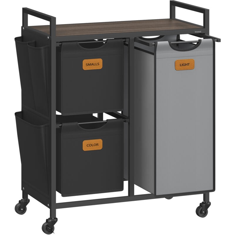 Panier à Linge, 3 Compartiments, Corbeille 100 l, Bac, Roulettes, Chariot avec Étagères, Sac, Poches Latérales, 6 Étiquettes, Marron Châtaigne, Noir