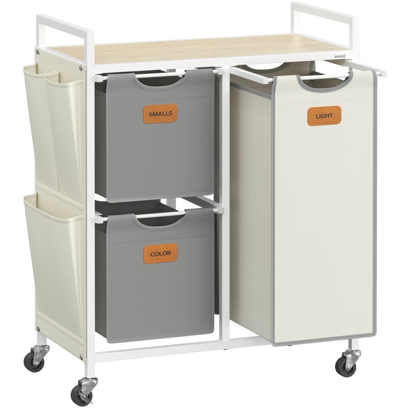 Panier à Linge, 3 Compartiments, Corbeille 100 l, Bac, Roulettes, Chariot avec Étagères, Sac, Poches Latérales, 6 Étiquettes, Beige Naturel, Gris