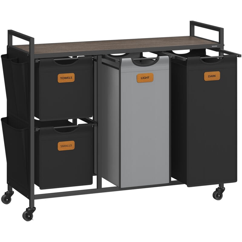 Panier à Linge, 4 Compartiments, Corbeille 150 L, Bac, Roulettes, Chariot avec Étagères, Sac, Poches Latérales, 6 Étiquettes, Marron Châtaigne, Noir