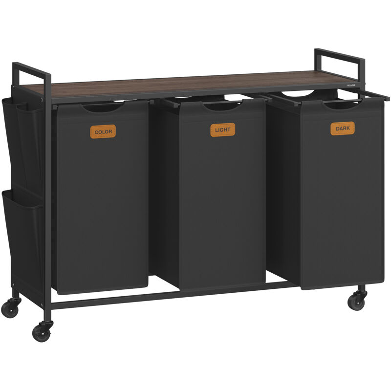 VASAGLE Panier à Linge, sur Roulettes, avec Étagère de Rangement, 3 Compartiments de Tri, 150 L, Noir et Marron