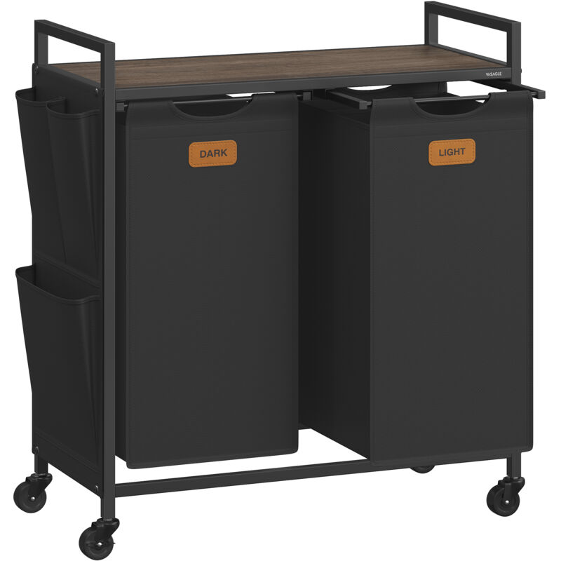 VASAGLE Panier à Linge, sur Roulettes, avec Étagère de Rangement, 2 Compartiments de Tri, 100 L, Noir et Marron