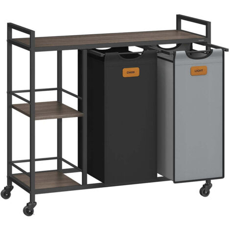 Panier à linge 2 compartiments corbeille à linge 100 litres bac roulettes chariot avec étagères sac poches amovibles 6 étiquettes marron noir gris