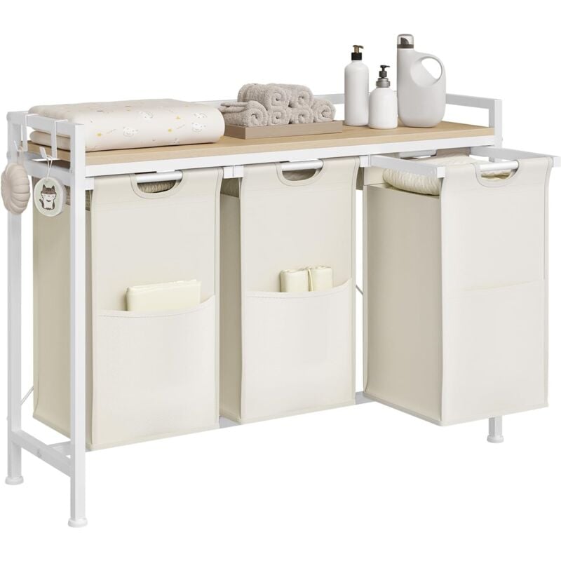 Woltu - Panier à Linge 3 Compartiments Meuble Panier à Linge,avec Étagère, Sac à Linge en Tissu Oxford Amovible, Cadre en Métal, Blanc + Chêne Clair