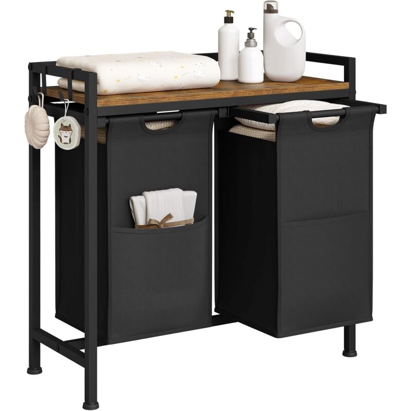 Panier à Linge 2 Compartiments Woltu Meuble Panier à Linge,avec Étagère, Sac à Linge en Tissu Oxford Amovible, Cadre en Métal, Marron Rustique+Noir