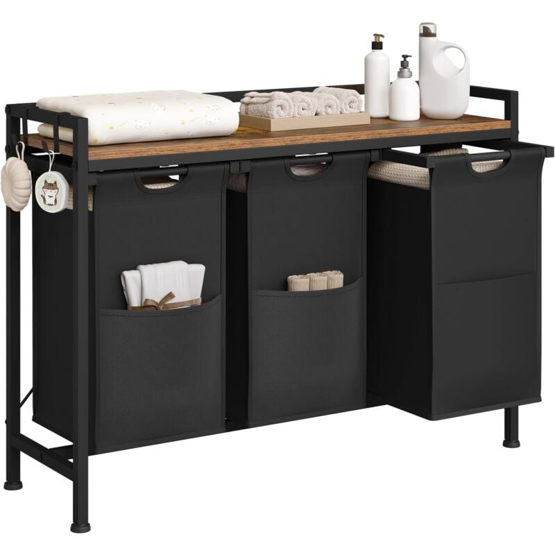 Panier à Linge 3 Compartiments Woltu Meuble Panier à Linge,avec Étagère, Sac à Linge en Tissu Oxford Amovible, Cadre en Métal, Marron Rustique+Noir