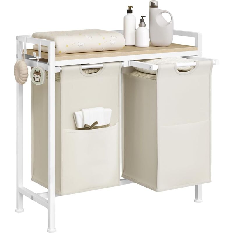Woltu - Panier à Linge 2 Compartiments Meuble Panier à Linge,avec Étagère, Sac à Linge en Tissu Oxford Amovible, Cadre en Métal, Blanc + Chêne Clair