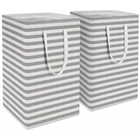 Panier à linge [2 pièces] avec manche longue renforcée et couture précise - Design pliable en toile de canvas (40x30x60cm, Gris/Blanc)