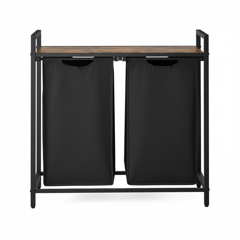 Panier à Linge, 2 x 46 L, avec Étagère, 2 Compartiments, 2 Sacs Amovibles, Cadre en Métal, Marron et Noir
